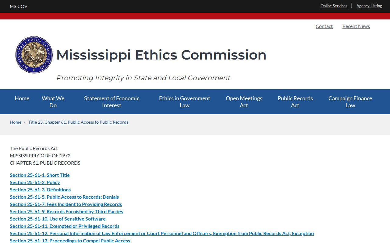 Mississippi Ethics Commission public-records guidance page