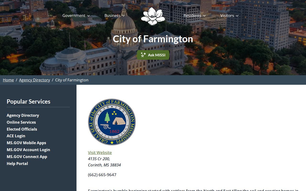 Farmington municipal contact listing for a public-records request route